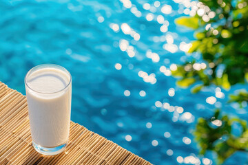refreshing coconut smoothie in tall glass beside shimmering blue sea