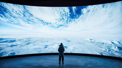 Person viewing expansive arctic landscape on curved screen