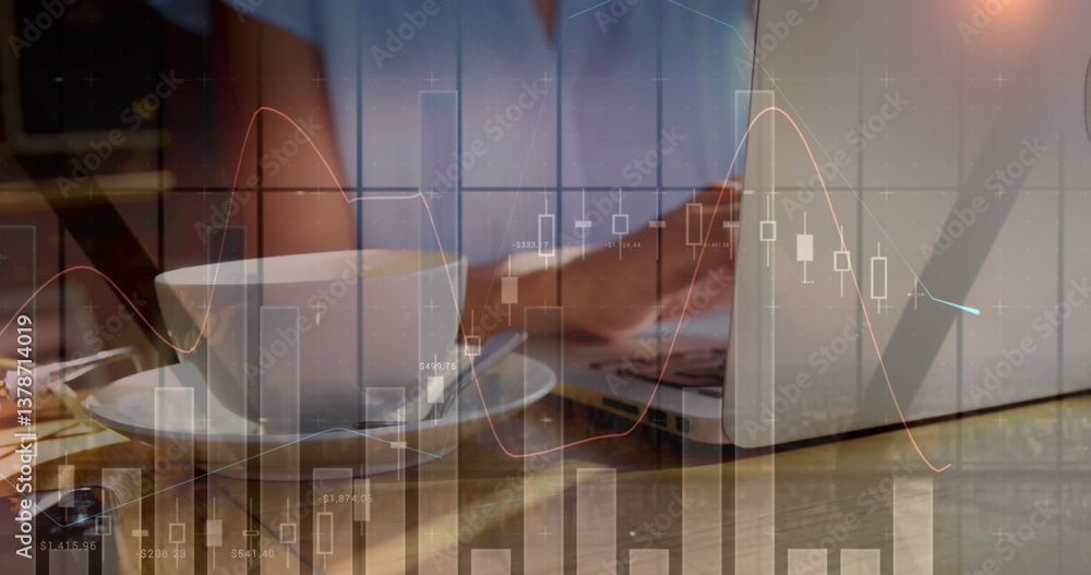 Poster image of statistics and data processing over woman using laptop