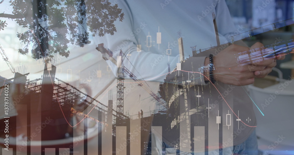 Poster image of statistics and data processing over construction site and businessman using smartphone