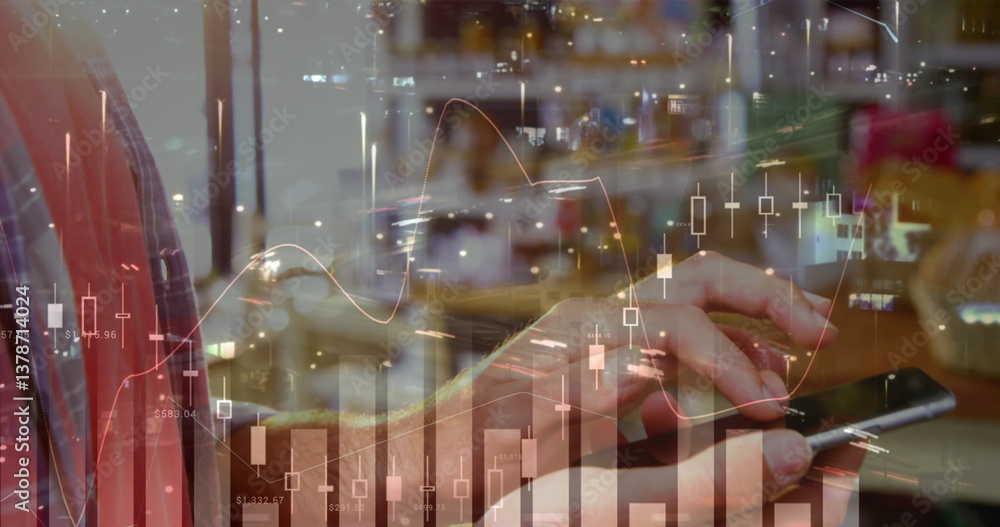 Aufkleber image of statistics and data processing over businesswoman using smartphone