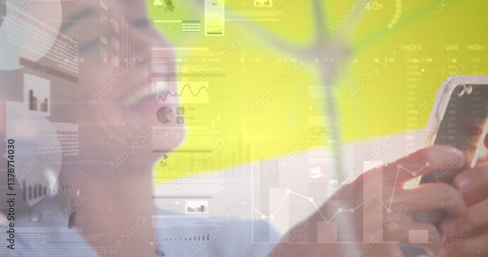 Poster image of statistics and data processing over businesswoman using smartphone
