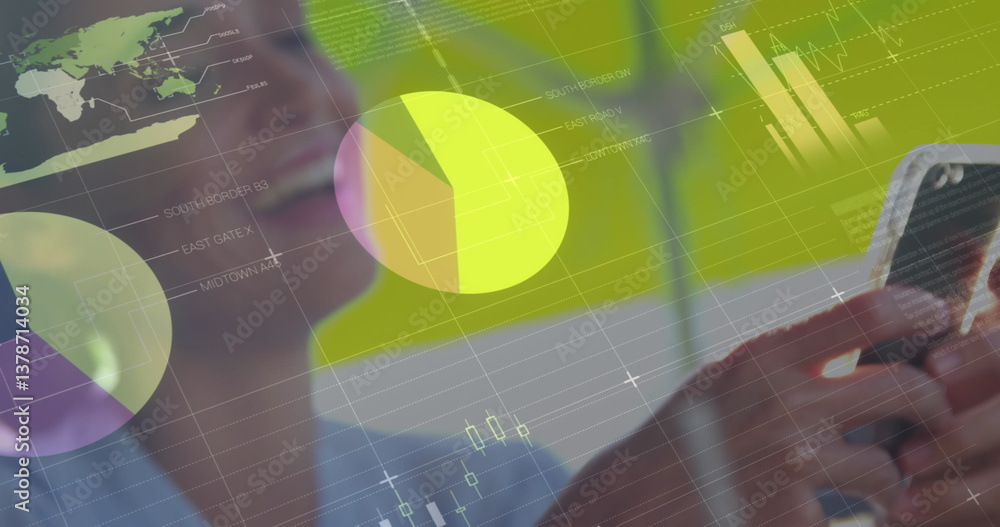 Poster image of statistics and data processing over woman using smartphone