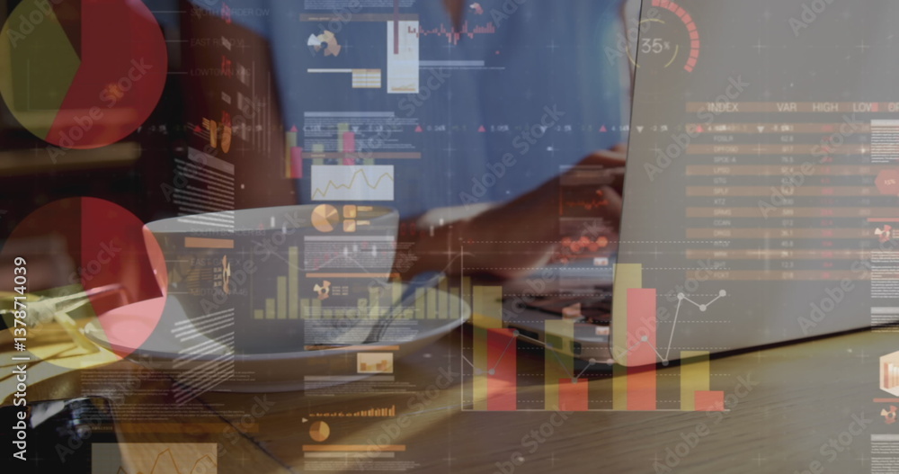 Poster image of statistics and data processing over businesswoman using laptop