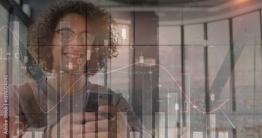 Poster image of statistics and data processing over man using smartphone