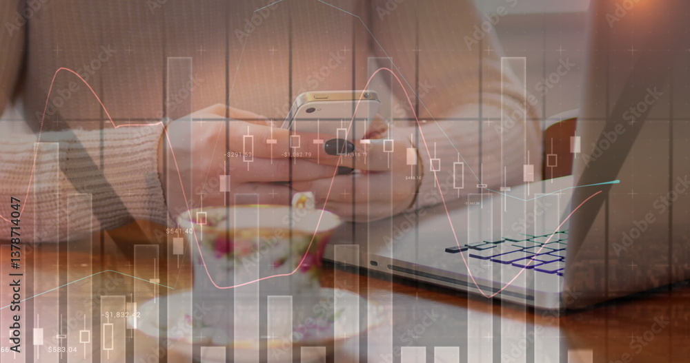 Aufkleber image of statistics and data processing over woman using smartphone