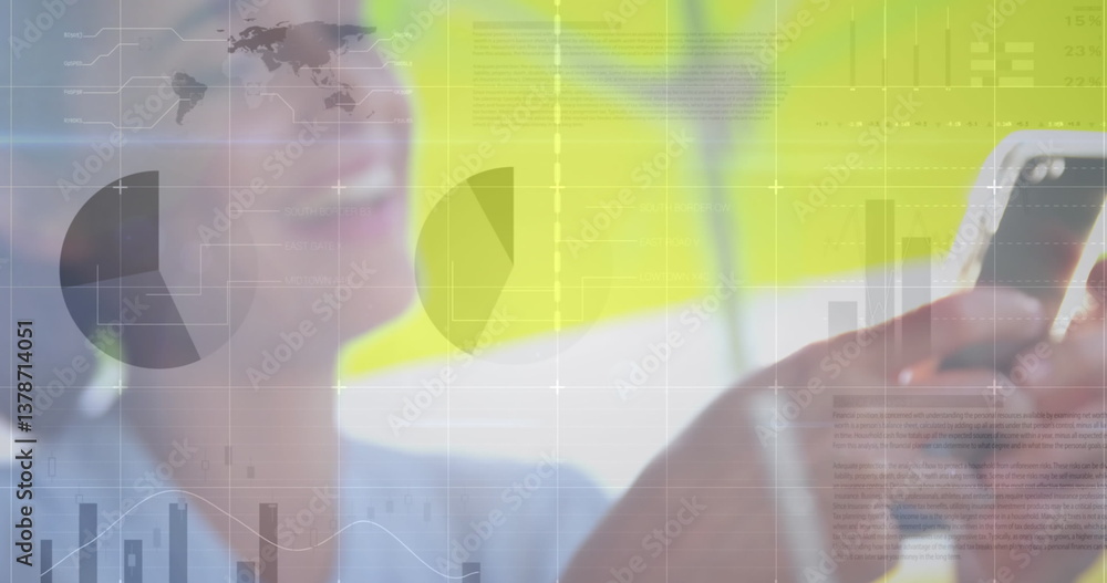 Poster image of statistics and data processing over woman using smartphone