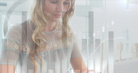 Image of statistics and data processing over businesswoman using smartphone