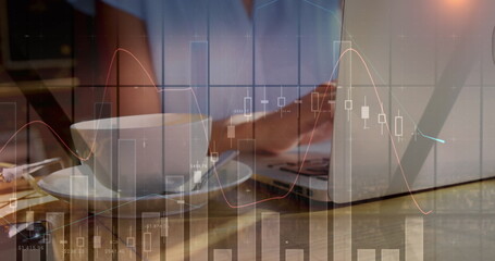 Image of statistics and data processing over woman using laptop