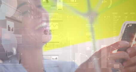 Image of statistics and data processing over businesswoman using smartphone