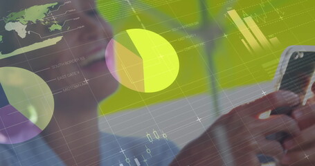 Image of statistics and data processing over woman using smartphone