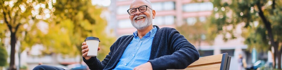 Fototapeta premium Elderly caucasian male enjoying coffee on park bench in autumn