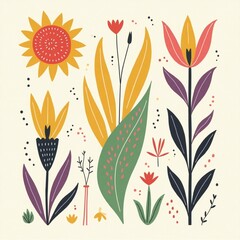 "Sunny Spring Meadow: A Bold Vector Set with Sunflowers and Tulips"