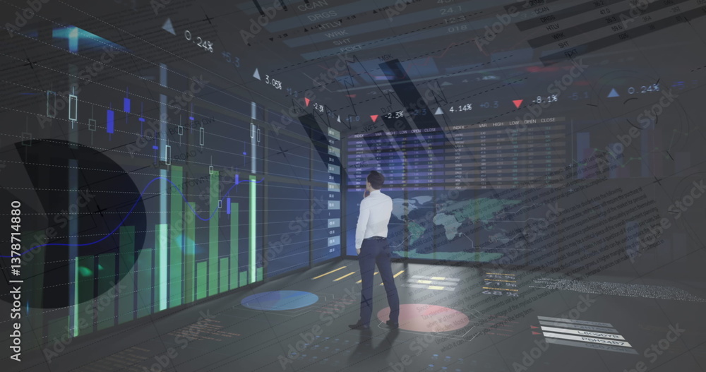 Poster image of statistics and financial data processing over businessman in office