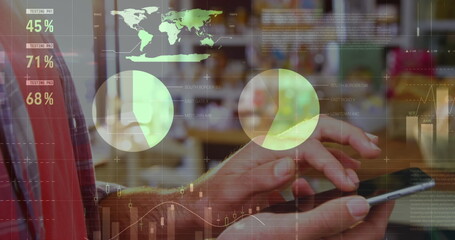 Image of statistics and data processing over woman using smartphone