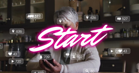 Image of text, start, with social media notifications over happy woman using smartphone in shop