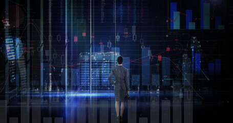 Image of financial data processing over businesswoman and cityscape