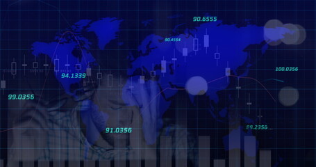 Image of financial data processing over world map and man