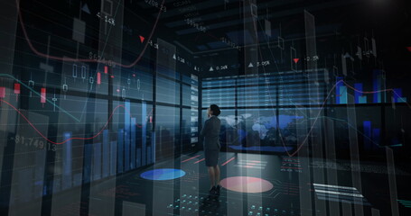 Image of financial data processing over businesswoman in office