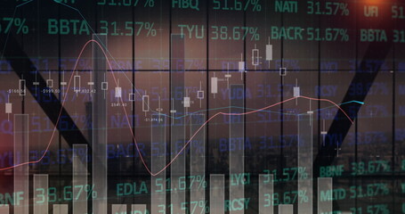 Image of financial data processing and statistics over cityscape