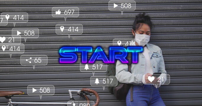 Using smartphone, woman in face mask receiving social media notifications