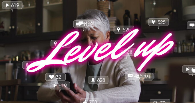 Image of pink text, level up, and social media notifications over woman in shop using smartphone - Powered by Adobe