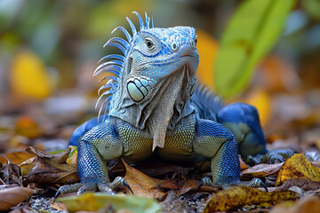 Fototapeta premium A Cyclura lewisi (Grand Cayman blue iguana), detailed and vibrant, natural setting.