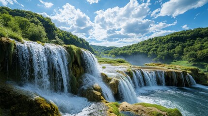 Fototapeta premium Serene waterfall in lush forest under a sunny sky