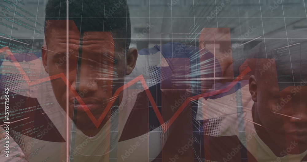 Poster red graphs moving over grid network against data processing and team of male rugby players