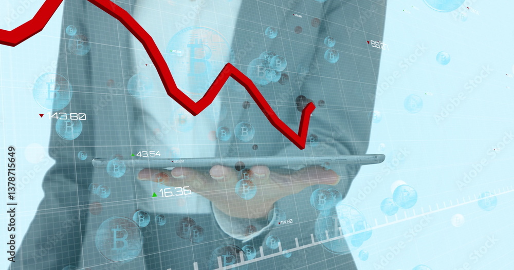Poster image of red line and statistics processing over bitcoin symbols and businessman with tablet