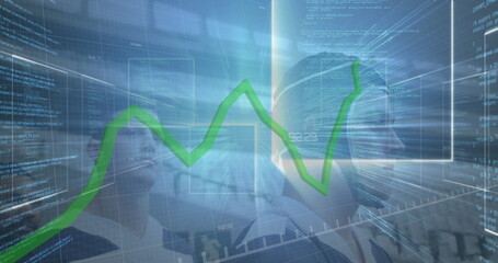 Image of green line and data processing over rugby players