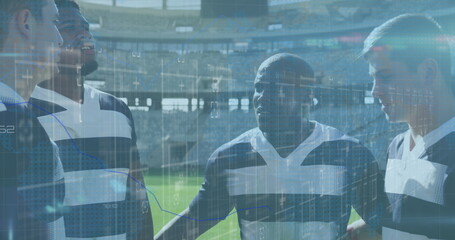 Image of statistics and data processing over rugby players on sports stadium