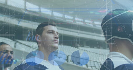 Image of statistics and data processing over rugby player in sports stadium