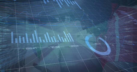 Image of statistics and data processing over rugby player in sports stadium