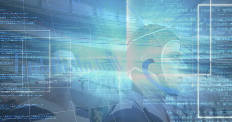 Image of statistics and data processing over rugby player in sports stadium