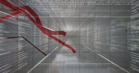 Red graphs moving over grid network against multiple screens with data processing