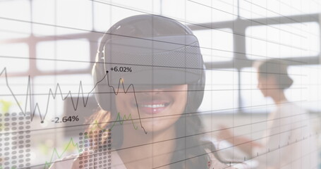 Image of financial data processing over business people using vr headsets