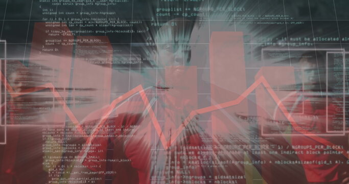 Image of statistics and data processing over rugby player in sports stadium
