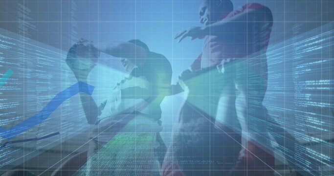 Image of statistics and data processing over rugby player in sports stadium