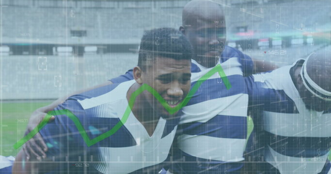 Image of green line and data processing over rugby players on sports stadium