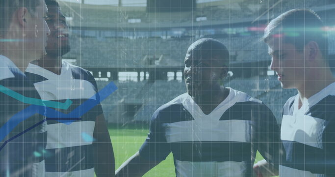 Image of statistics and data processing over rugby player in sports stadium