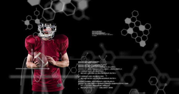 Image of chemical structures over male american football player holding ball