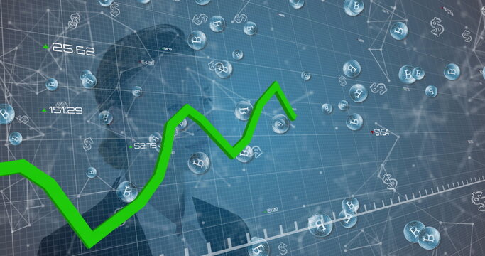 Image of green line, statistics processing with bitcoins over businesswoman