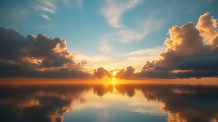 Naklejka premium Golden Sunset Over Still Water: Capturing a breathtaking sunset reflected on tranquil water, with vibrant colors painting the sky.