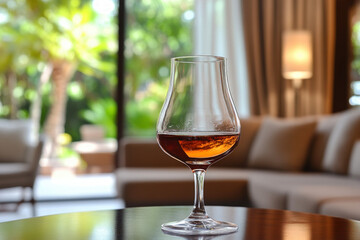 Naklejka premium A glass of Drambuie on a table, elegant and luxurious, beverage theme