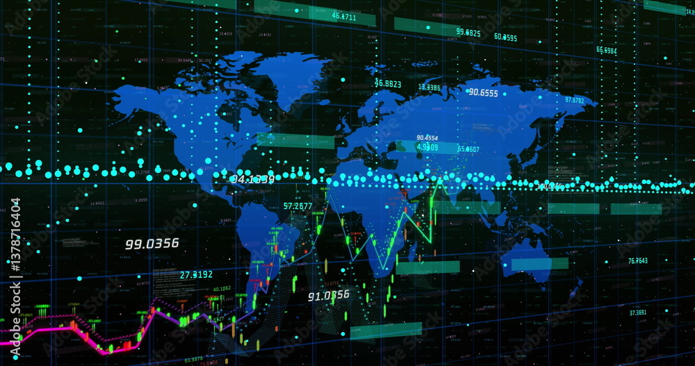 Poster image of financial data processing over world map