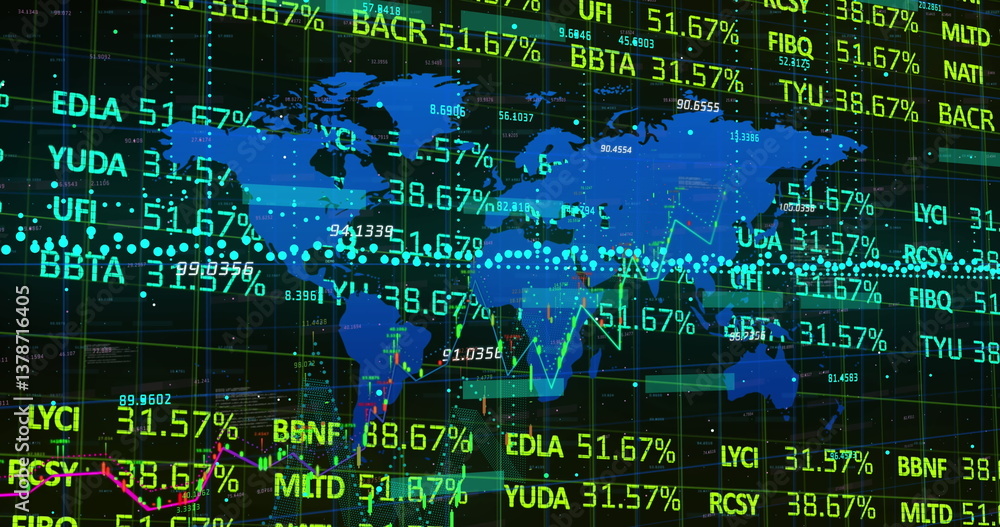 Poster image of financial data processing over world map
