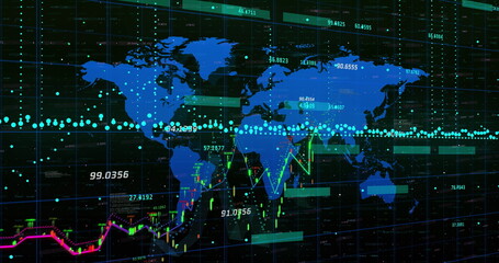 Image of financial data processing over world map