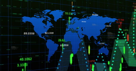 Image of financial data processing over world map