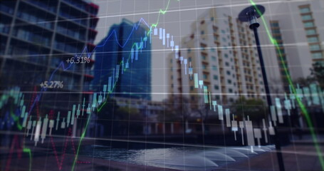 Image of financial data processing over cityscape